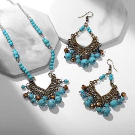 Set 2 objects: earrings, necklace "India", blue color in black silver, 32 cm