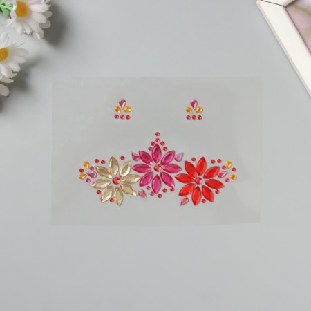Sticker of rhinestones plastic on the face "Three flowers" pink shades 14.5x16 cm-1