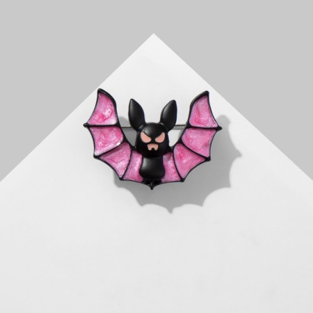 Brooch "Halloween" bat, a matte black-pink color in gray metal-1