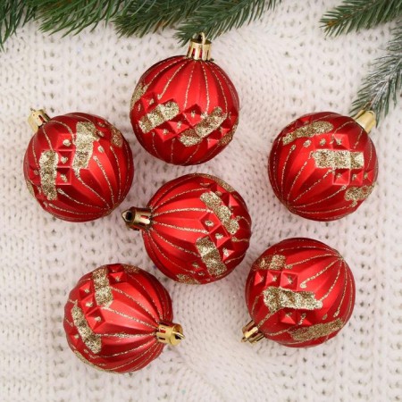 Set of balls plastic D-6 cm, 6 pcs "relief pattern" red