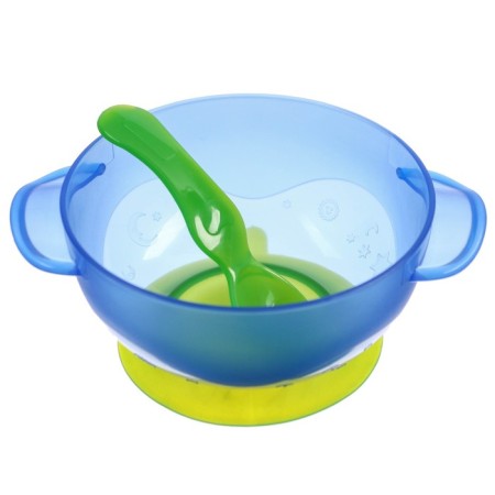 Feeding set: a bowl on a suction cup with a lid, spoon, blue color-2