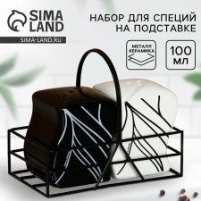 Ceramic set for spices on the metal stand “Line”, 2 pcs, the color is white-black