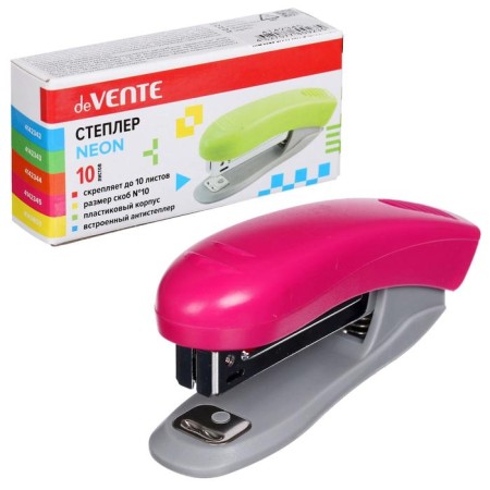 Steepler No. 10, 10 sheets, Devente Neon, plastic case, built -in anti -stepler, neon pink