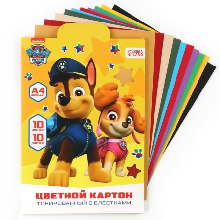 Cardboard color with sparkles, A4, 10 sheets, 10 colors, moped, bilateral, in the folder, 250 g/m², puppy patrol-1