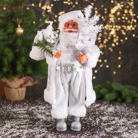 Santa Claus "in a high cap, in a strap and with a bag" 44 cm, silver-white