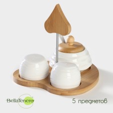 Porcelain set for spices on the Bellatenero bamboo stand, 5 items: a solox 80 ml, a listen 80 ml, a sugar tower with a spoon of 170 ml, a holder stand, color white