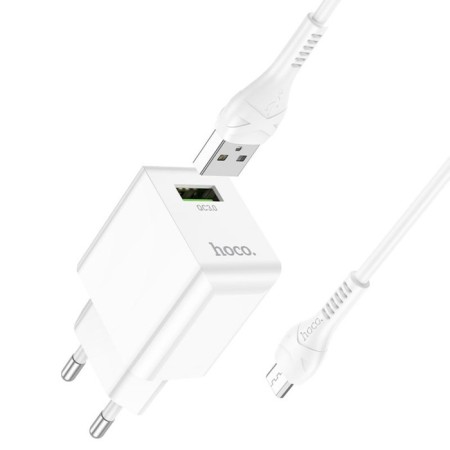Network charger Hoco C98a, 1 USB, 18 W, QC, Micro USB -USB cable, 1 m, white
