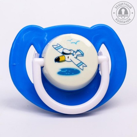 Orthodontic dummy nipple, silicone, from 6 months, with a cap, "plane", blue color-1