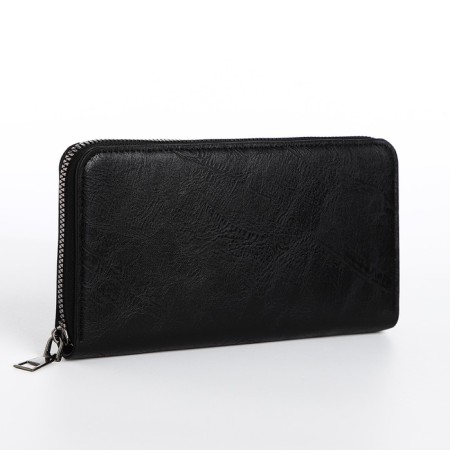 Male purse with zipper, department for bills, for maps, for coins, black color