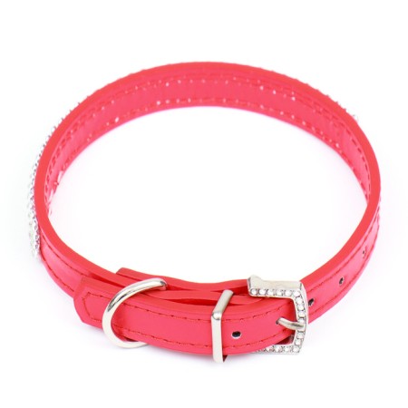 A collar with rows of 4 rows and rhinestones on a buckle, 38 x 1.5 cm, Osh 26-33, red-1
