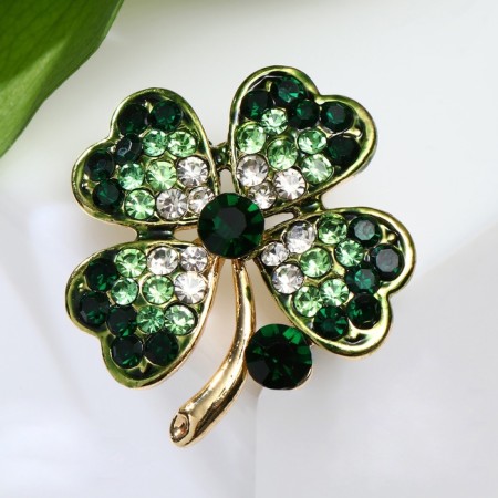 Brooch "Clover" is four-leafed with a rhinestone, the color is white-green in gold-2