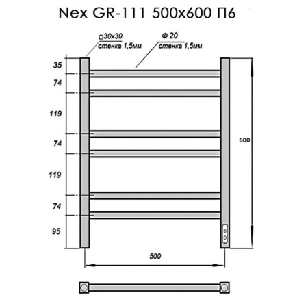Electric towel Grois Nex GR-111, 500x600 mm, 6 crossbars, lower, black-5