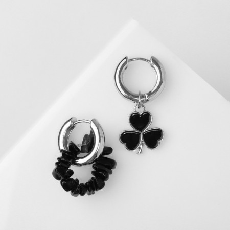 Earrings with the removable element "Transformer" Clover-heart, black color in silver-1