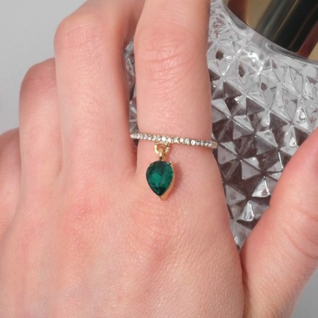Ring "keychain" droplet, emerald color in gold, size 18-2