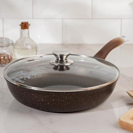 Pan, d = 26 cm, h = 6 cm, plastic handle, glass cover, anti -stick coating, color coffee marble
