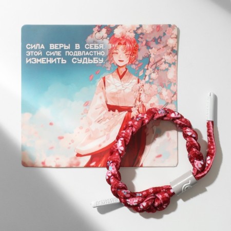 Bracelet "Japan" wicker, flowers, red-pink color-2