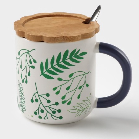 Ceramic mug with a spoon "Herbarium", 350 ml, white color