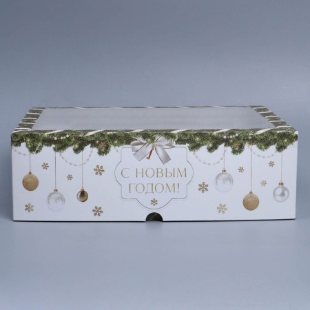 Folding box for 12 cupcakes with the window "Happy New Year!" 32.8 x 25.6 x 10 cm, New Year-3