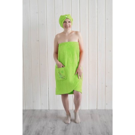 Women's set for the sauna (Pareo+Chalma) with embroidery, light green-1