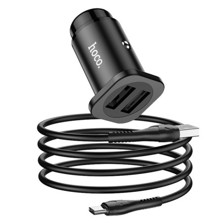 Hoco NZ4, 24 W car charger, 2 USB - 2.4 A, Type -C 1 m cable, black-1