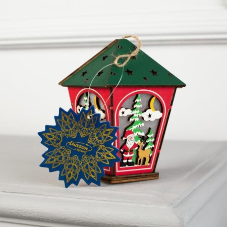 Christmas tree toy "Lantern with Santa Claus", from batteries, glow of warm white-3