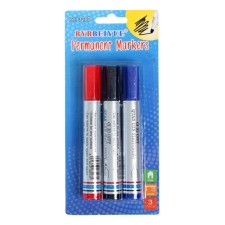 A set of permanent markers, 3 colors: blue, red, black, a round of 4 mm round, on a blister