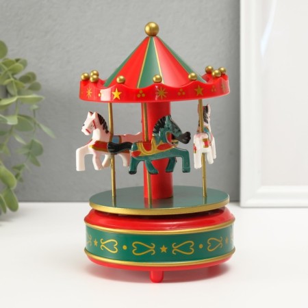 Souvenir Plastic Musical Mean. "Carousel - horses" green -red 10.5x10.5x17.5 cm-2