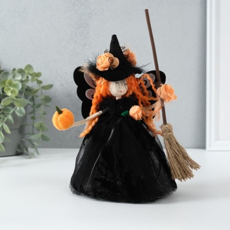 Interior doll "Witch in a black dress with a broom" 7x11.5x22 cm-1