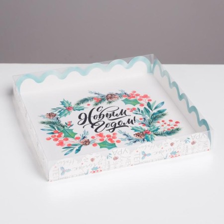 Box for confectionery products with PVC Happy New Year, 21 x 21 x 3 cm, new year-1