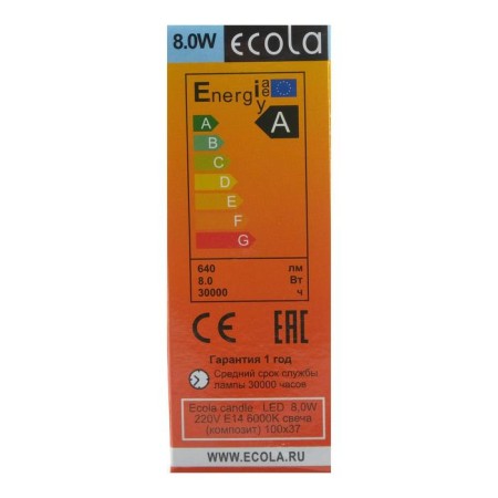 LED LED ECOLA "candle", E14, 8 W, 6000 K, 220 V, 103x37 mm-2