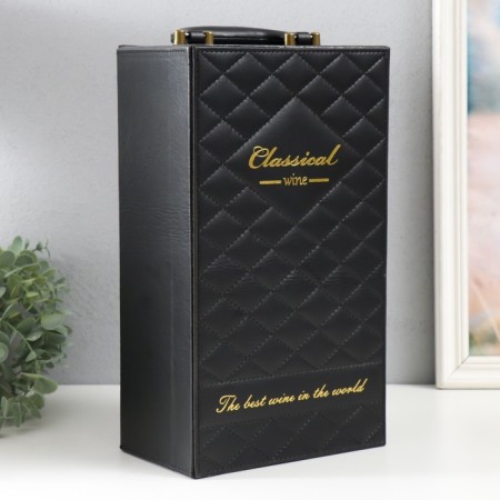 Casket Wood, leatherette for 2 bottles "Black Black" 4 items 34.5x19.5x12 cm-1