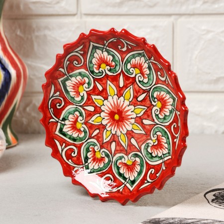 Plate of the Rishtan ceramics "Patterns", Red, 15 cm, corrugated-1