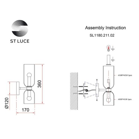 Sconces st. SL1180.211.02. Treviso. 2x40 watts, E14, 12x36 cm, golden color-6