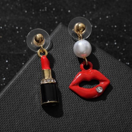 Earrings Assorted "Beauty" lipstick, lips, red-black color in gold