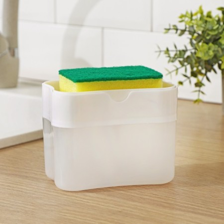 A dispenser for a detergent with a stand for a lobby of a share, a sponge included, 385 ml, white color