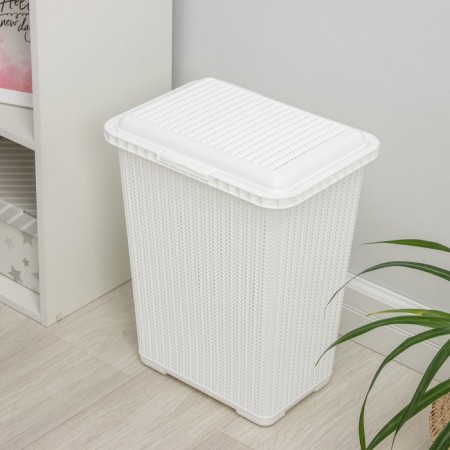 Besnaya basket with a “knitted weaving” lid, 25 l, 37 × 27.5 × 46.5 cm, white color-1