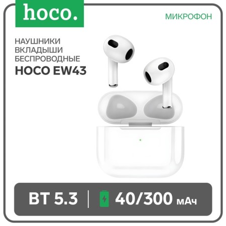 Hoco EW43 TWS headphones, wireless, inserts, BT5.3, 40/300 mAh, microphone, white