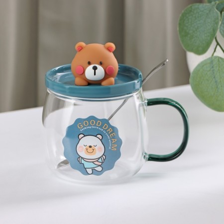 Glass mug with a ceramic lid and a spoon of Teddy, 350 ml