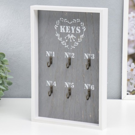 Hooks decorative wood 6 hooks "heart with keys" gray 30x20x3 cm-1