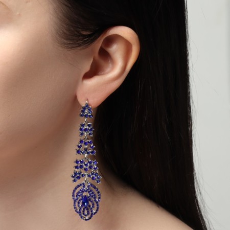 Hanging earrings with rhinestones "evening" petals, blue color in silver, 8 cm-3