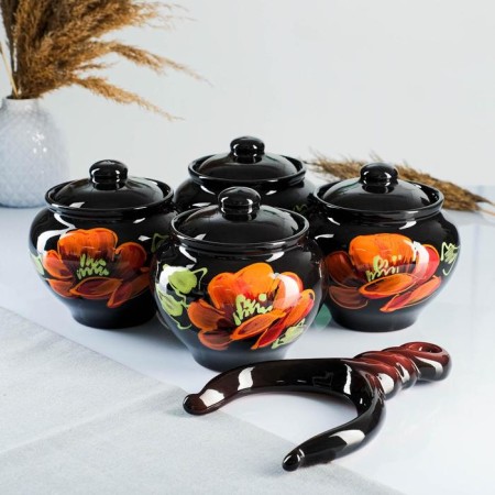 Set of pots "Gift with a sequence" 4x0.85l / 27x21x13cm, poppy on black