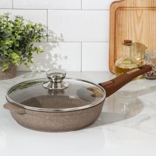 Granite pan, d = 24 cm, removable handle, glass cover, anti -stick coating, brown color