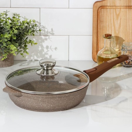 Granite pan, d = 24 cm, removable handle, glass cover, anti -stick coating, brown color