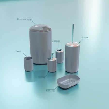 A set of accessories for the Trinity bathroom, 6 items (soap dish, soap dispenser, two glasses, ruff, bucket), gray color-3