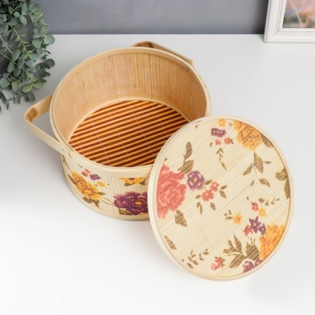 Bamboo box "Garden with peonies" round, with handles 16x26x26 cm-2