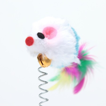 Domestic "mouse on the suction cup", artificial fur with colored feathers, 24 cm, blue/white mouse-3