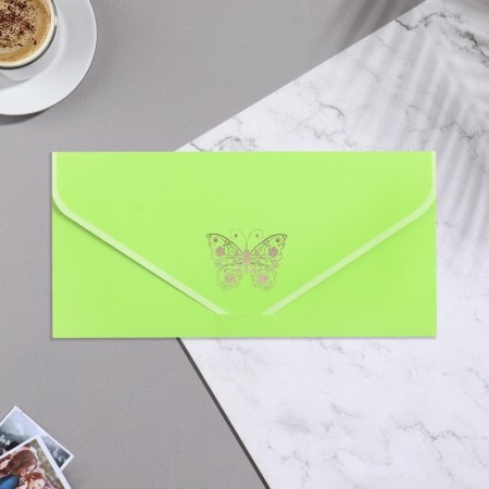Money envelope "Universal" velvet, butterfly, green background, 19x9.3 cm-1