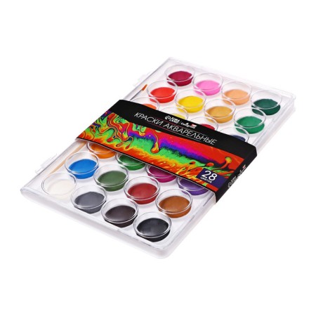 Watercolor paints 28 colors, round, dialing dials 28 mm, brush, plastic pencil case, calligrata top-2