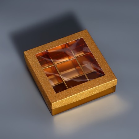 Box for 9 sweets gold glitter, 12.5 x 12.5 x 4 cm. Confectionery packaging