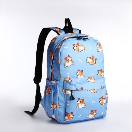 School backpack from textiles, 3 pockets, white/blue color-2
